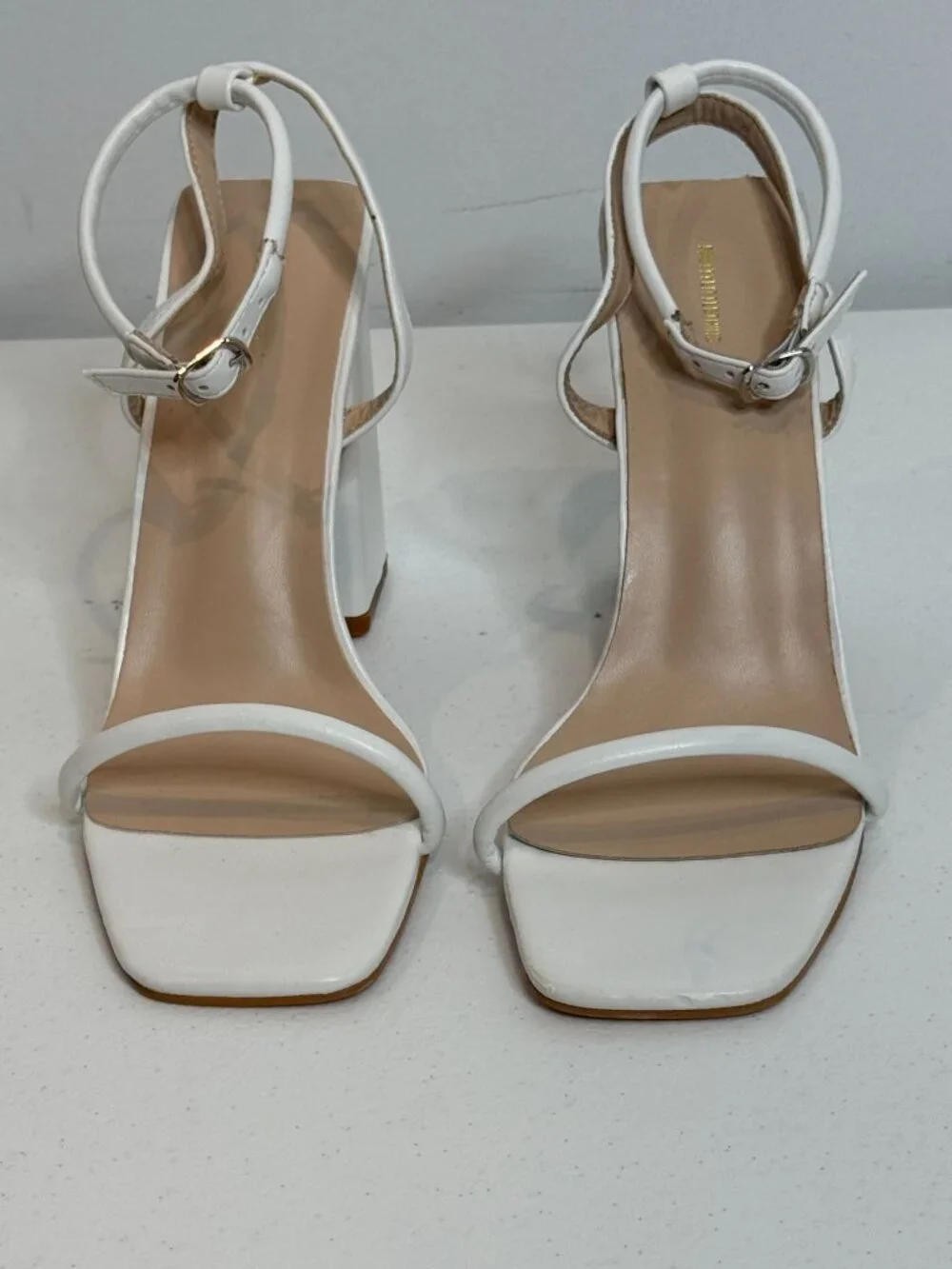 PrettyLittleThing Women's White Strappy Block Heel Sandals Square Toe Size 9